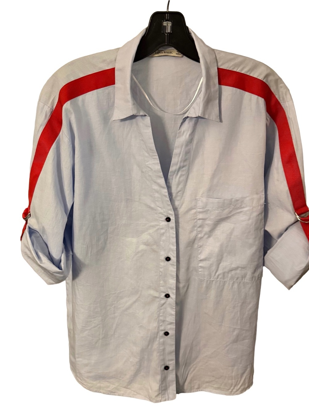 Zara Women’s Button Down Light Blue Shirt With Red Band Toll Tab Sleeves Sz L